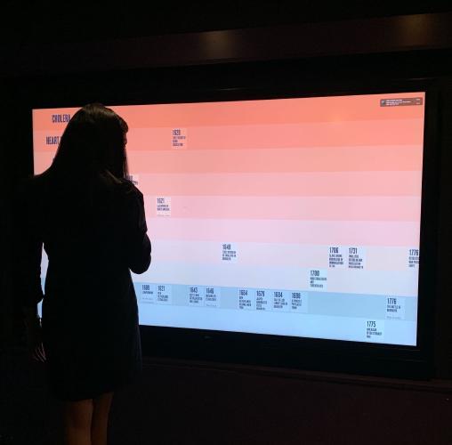 a person's silhouette against a large touch screen